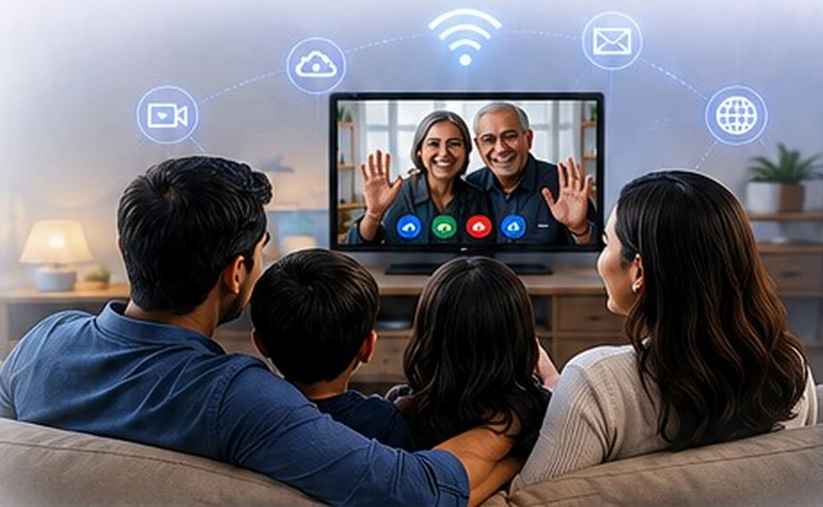 Family staying connected with loved ones through a video call